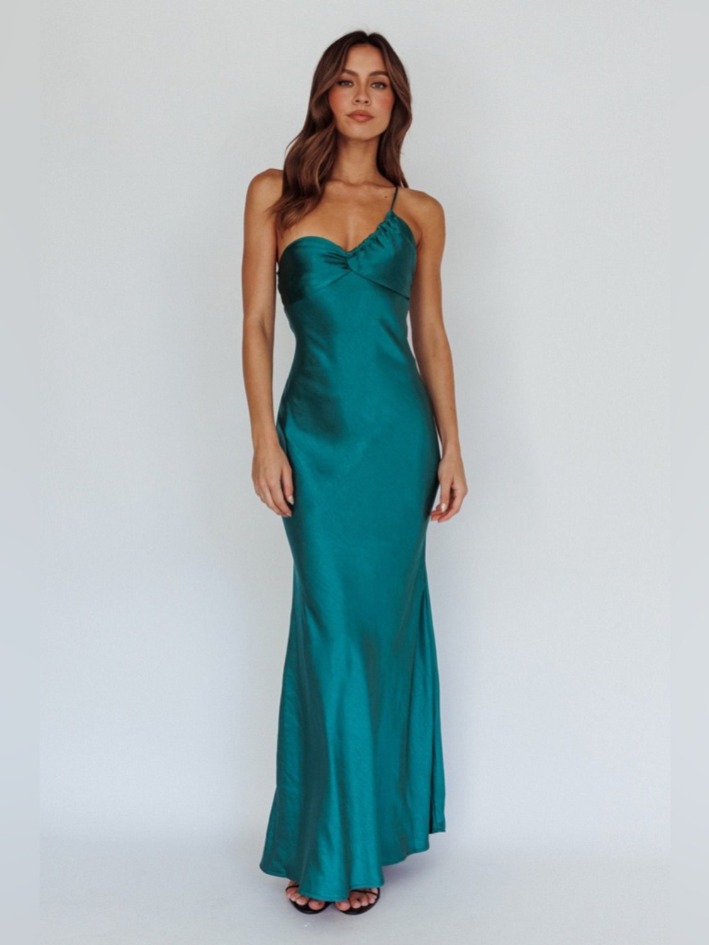 Selfie Leslie Satin One Shoulder Maxi Dress Forest Green NWT Formal Wedding